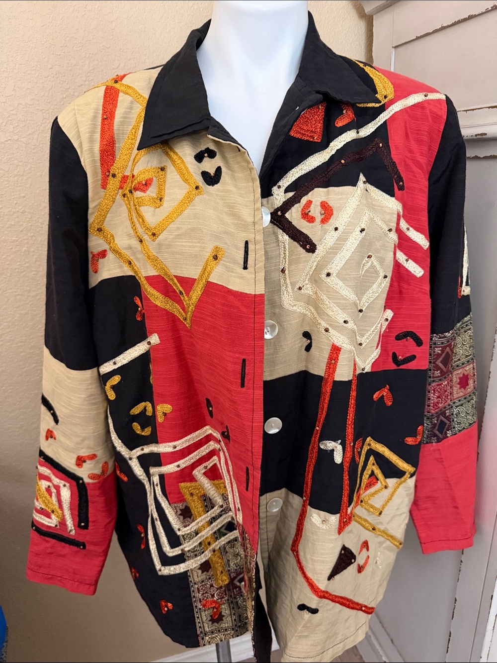 Maggie Barnes 22WP Patchwork Vintage Embroidered Jacket Black, Beige & Red